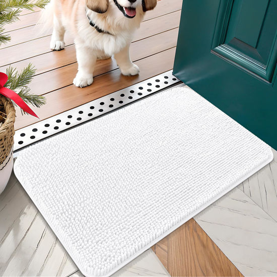 Picture of OLANLY Dog Door Mat for Muddy Paws 24x16, Absorbs Moisture and Dirt, Absorbent Non-Slip Washable Mat, Quick Dry Chenille, Mud Mat for Dogs, Entry Indoor Door Mat for Inside Floor, White