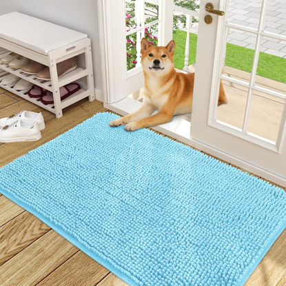 Picture of OLANLY Dog Door Mat for Muddy Paws 48x30, Absorbs Moisture and Dirt, Absorbent Non-Slip Washable Mat, Quick Dry Chenille, Mud Mat for Dogs, Entry Indoor Door Mat for Inside Floor, Blue