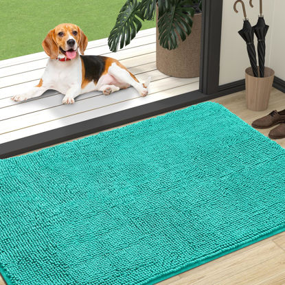 Picture of OLANLY Dog Door Mat for Muddy Paws 47x32, Absorbs Moisture and Dirt, Absorbent Non-Slip Washable Mat, Quick Dry Chenille, Mud Mat for Dogs, Entry Indoor Door Mat for Inside Floor, Teal