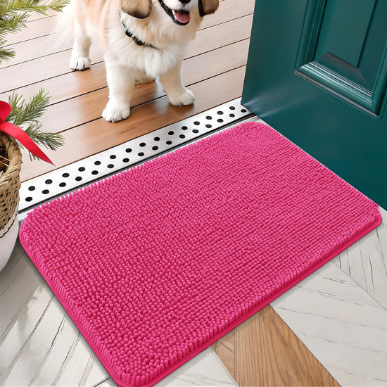 Picture of OLANLY Dog Door Mat for Muddy Paws 24x16, Absorbs Moisture and Dirt, Absorbent Non-Slip Washable Mat, Quick Dry Chenille, Mud Mat for Dogs, Entry Indoor Door Mat for Inside Floor, Hot Pink