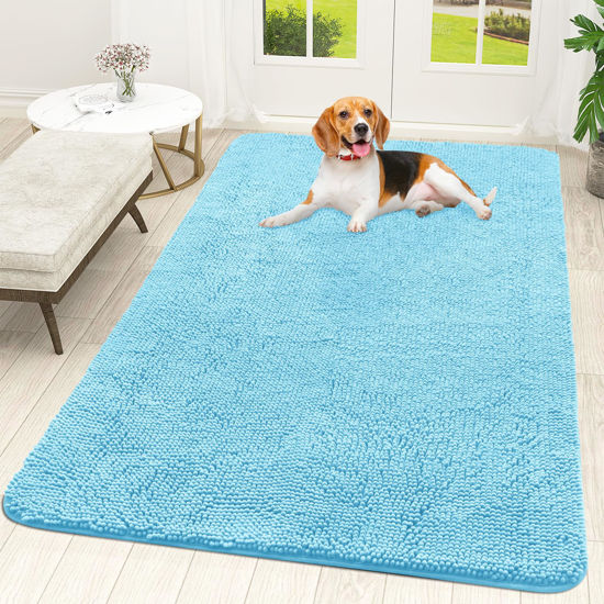 Picture of OLANLY Dog Door Mat for Muddy Paws 59x35, Absorbs Moisture and Dirt, Absorbent Non-Slip Washable Mat, Quick Dry Chenille, Mud Mat for Dogs, Entry Indoor Door Mat for Inside Floor, Blue