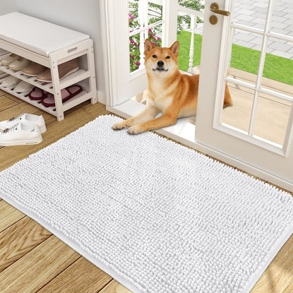Picture of OLANLY Dog Door Mat for Muddy Paws 48x30, Absorbs Moisture and Dirt, Absorbent Non-Slip Washable Mat, Quick Dry Chenille, Mud Mat for Dogs, Entry Indoor Door Mat for Inside Floor, White