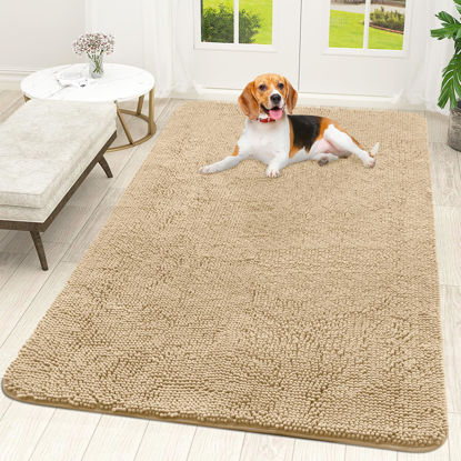 Picture of OLANLY Dog Door Mat for Muddy Paws 59x35, Absorbs Moisture and Dirt, Absorbent Non-Slip Washable Mat, Quick Dry Chenille, Mud Mat for Dogs, Entry Indoor Door Mat for Inside Floor, Beige