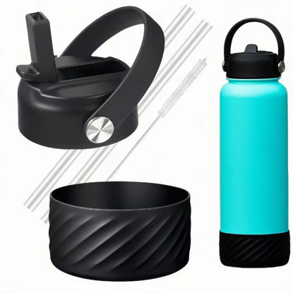 Picture of Straw Lid for Hydro Flask Wide Mouth Water Bottles, Top Lids with Straw and silicone boot Compatible with Hydro Flask 32 40 oz, Replacement Flip Cap Wide Mouth Accessories Flex Handle, Black lid+Boot
