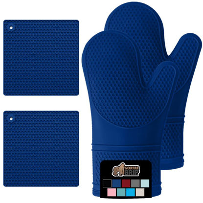 Picture of Gorilla Grip BPA-Free Soft Silicone Oven Mitts and Potholder Set of 4, Heat Resistant Hot Pads, Thick Cotton Lined Cooking Mitt, Long Gloves Protect Hands, Kitchen Waterproof Trivet Mats, 12.5" Blue