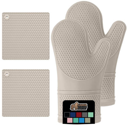 Picture of Gorilla Grip BPA-Free Soft SIlicone Oven Mitts and Potholder Set of 4, Heat Resistant Hot Pads, Thick Cotton Lined Cooking Mitt, Long Gloves Protect Hands, Kitchen Waterproof Trivet Mats, 12.5" Almond
