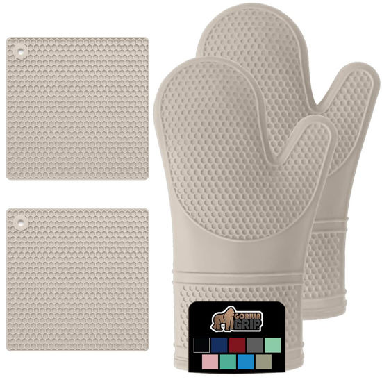 Picture of Gorilla Grip BPA-Free Soft SIlicone Oven Mitts and Potholder Set of 4, Heat Resistant Hot Pads, Thick Cotton Lined Cooking Mitt, Long Gloves Protect Hands, Kitchen Waterproof Trivet Mats, 12.5" Almond