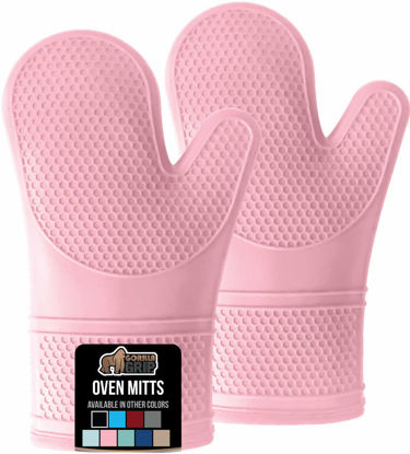 Picture of Gorilla Grip BPA-Free Soft Silicone Oven Mitts, Heat and Slip Resistant Thick Cotton Lined Cooking Mitt Set, Long Flexible Potholders Protect Hands, Kitchen Essential Waterproof Gloves, 12.5" Pink