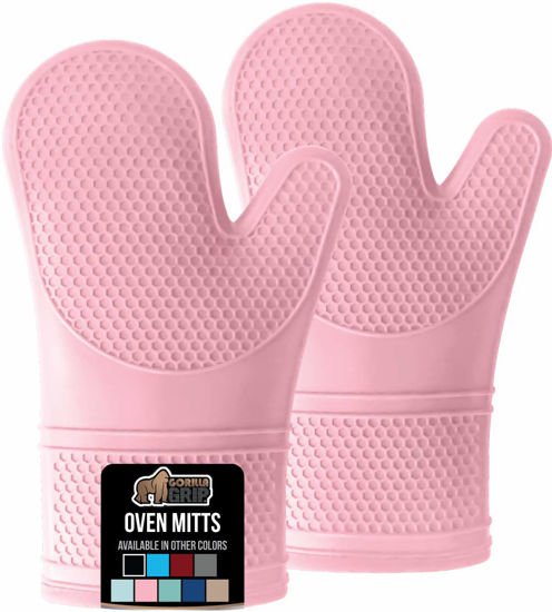 Picture of Gorilla Grip BPA-Free Soft Silicone Oven Mitts, Heat and Slip Resistant Thick Cotton Lined Cooking Mitt Set, Long Flexible Potholders Protect Hands, Kitchen Essential Waterproof Gloves, 12.5" Pink