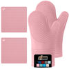 Picture of Gorilla Grip BPA-Free Soft Silicone Oven Mitts and Potholder Set of 4, Heat Resistant Hot Pads, Thick Cotton Lined Cooking Mitt, Long Gloves Protect Hands, Kitchen Waterproof Trivet Mats, 12.5" Pink