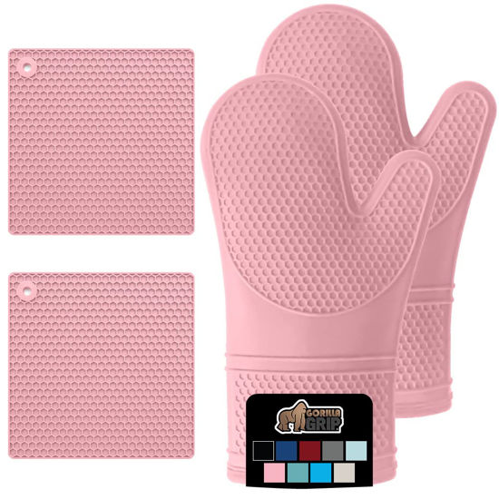 Picture of Gorilla Grip BPA-Free Soft Silicone Oven Mitts and Potholder Set of 4, Heat Resistant Hot Pads, Thick Cotton Lined Cooking Mitt, Long Gloves Protect Hands, Kitchen Waterproof Trivet Mats, 12.5" Pink