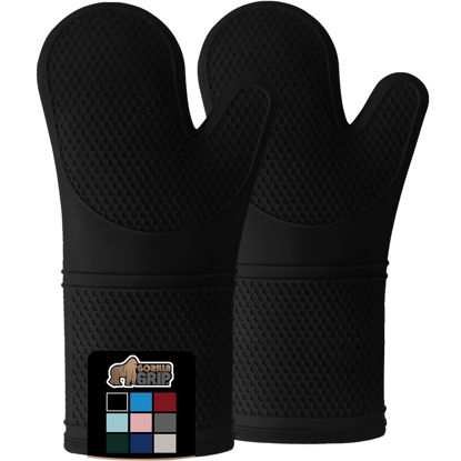 Picture of Gorilla Grip BPA-Free Soft Silicone Oven Mitts, Heat Resistant Thick Cotton Lined Cooking Mitt Set, 14.5" Extra Long Flexible Potholders Protect Hands, Kitchen Essential Waterproof Gloves, Black