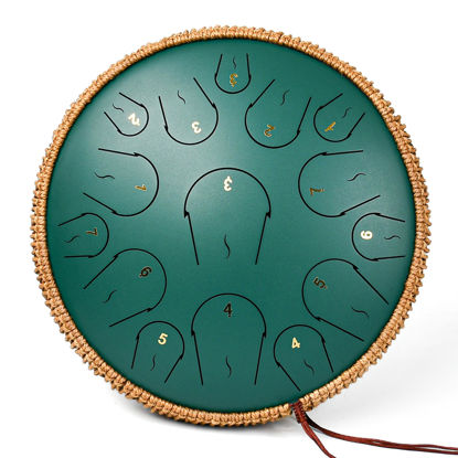 Picture of Steel Tongue Drum 14 Inch 15 Notes, Tongue Drum C Major, Steel Drums for Adults, Hang Drum Instrument, Hand Pan Drum with Music Book, Handpan Mallets, Carry Bag, C Major, Green