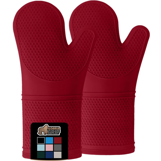 Picture of Gorilla Grip BPA-Free Soft Silicone Oven Mitts, Heat Resistant Thick Cotton Lined Cooking Mitt Set, 14.5" Extra Long Flexible Potholders Protect Hands, Kitchen Essential Waterproof Gloves, Red