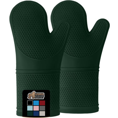 Picture of Gorilla Grip BPA-Free Soft SIlicone Oven Mitts, Heat Resistant Thick Cotton Lined Cooking Mitt Set, 14.5" Extra Long Flexible Potholders Protect Hands, Kitchen Essential Waterproof Gloves Hunter Green