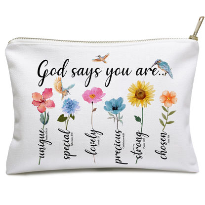 Picture of God Says You Are Makeup Bags, Inspirational Bible Verse Bag, Christian Gifts, Affirmations Gifts, Encouragement Gifts, Friend Gifts, Bible Verse Flower Bird Wash Bag for Her, Birthday Gifts for Women