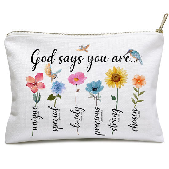 Picture of God Says You Are Makeup Bags, Inspirational Bible Verse Bag, Christian Gifts, Affirmations Gifts, Encouragement Gifts, Friend Gifts, Bible Verse Flower Bird Wash Bag for Her, Birthday Gifts for Women