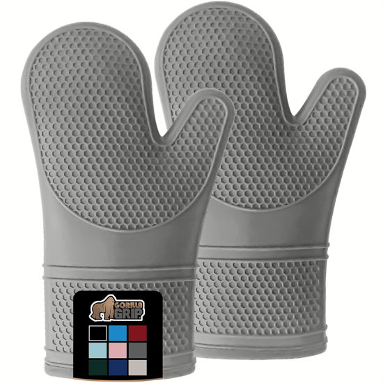 Picture of Gorilla Grip BPA-Free Soft Silicone Oven Mitts, Heat and Slip Resistant Thick Cotton Lined Cooking Mitt Set, Long Flexible Potholders Protect Hands, Kitchen Essential Waterproof Gloves, 12.5" Gray