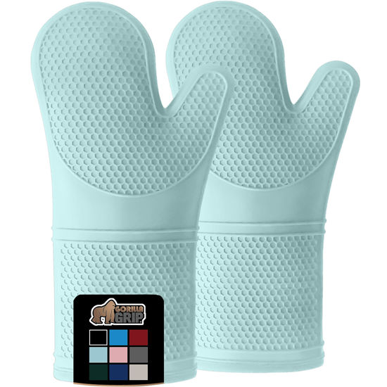 Picture of Gorilla Grip BPA-Free Soft Silicone Oven Mitts, Heat Resistant Thick Cotton Lined Cooking Mitt Set, 14.5" Extra Long Flexible Potholders Protect Hands, Kitchen Essential Waterproof Gloves, Mint