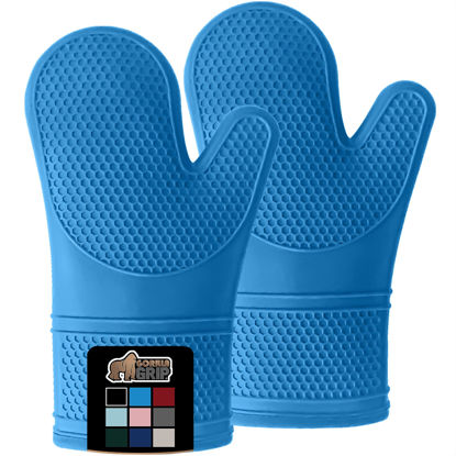 Picture of Gorilla Grip BPA-Free Soft Silicone Oven Mitts, Heat and Slip Resistant Thick Cotton Lined Cooking Mitt Set, Long Flexible Potholders Protect Hands, Kitchen Essential Waterproof Gloves, 12.5" Aqua