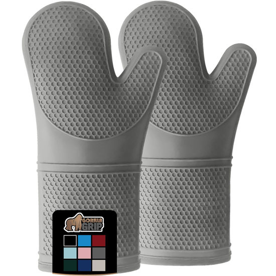 Picture of Gorilla Grip BPA-Free Soft Silicone Oven Mitts, Heat Resistant Thick Cotton Lined Cooking Mitt Set, 14.5" Extra Long Flexible Potholders Protect Hands, Kitchen Essential Waterproof Gloves, Gray