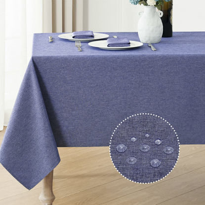 Picture of Veblandy Rectangle Tablecloth Linen Textured Waterproof & Stain Resistant Table Cloth Wrinkle Free Decorative Fabric Farmhouse Table Cover for Dining/Party/Buffet/Wedding, 52 x 70 Inch, Demin Blue