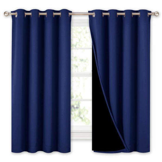 Picture of NICETOWN 100% Blackout Curtains with Black Liners, Thermal Insulated 2-Layer Lined Drapes, Energy Efficiency Small Window Draperies for Dining Room (Dark Blue, 2 Panels, 52 inches W by 54 inches L)