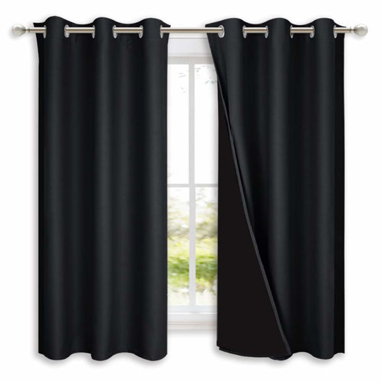 Picture of NICETOWN Complete 100% Blackout Curtain Set, Thermal Insulated & Energy Efficiency Window Draperies with Black Liner, Noise Reducing Short Curtains for Kids Room (Black, 42"W by 63"L, Double Panels)