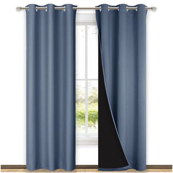 Picture of NICETOWN 100% Blackout Curtains 84in Long, Pair of Energy Smart & Noise Blocking Out Drapes for Baby Room Window, Thermal Insulated Guest Room Lined Window Dressing (Stone Blue, 42in Widex84in long)