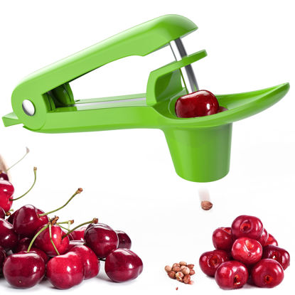 Picture of Cherry Pitter - Ordekcity Stainless Steel Cherries Corer Pitter Tool with Hand-held Push Design, Save Time & Space for Making Cherry Jam with Lock Design(Green)