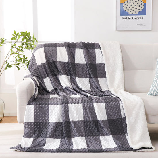 Picture of PU MEI Sherpa Blanket Fleece Throw Blanket Full Queen Plaid Thick Bed Blanket, Soft Warm Cozy Throw Blanket Dark Grey Checkered Throw Blanket 80"*90"