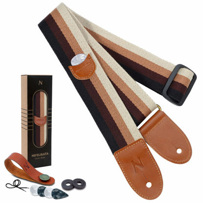 Picture of Nefelibata Guitar Strap, Cotton Full Grain Leather Ends Guitar Straps with Pick Pocket for Bass, Electric & Acoustic Guitar, Come with Free Strap Button, 1 Pair Strap Locks and 4 Guitar Picks