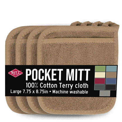 Picture of Ritz Terry Pocket Mitt & Hot Pad: Unparalleled Heat Resistant, Durable 100% Cotton - Ergonomically Designed for Optimal Grip - Easy-Care Machine Washable, Perfect for Your Kitchen - Mocha Brown, 4-Pk
