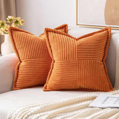 Picture of MIULEE Orange Pillow Covers 18x18 Inch with Splicing Set of 2 Super Soft Boho Striped Corduroy Pillow Covers Broadside Decorative Textured Throw Pillows for Couch Cushion Livingroom