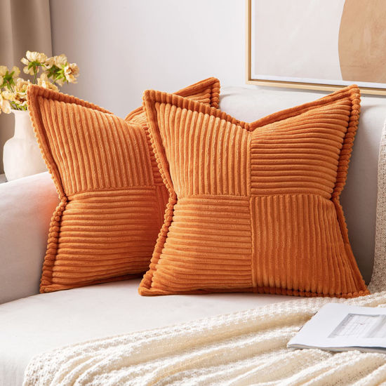 Picture of MIULEE Orange Pillow Covers 18x18 Inch with Splicing Set of 2 Super Soft Boho Striped Corduroy Pillow Covers Broadside Decorative Textured Throw Pillows for Couch Cushion Livingroom