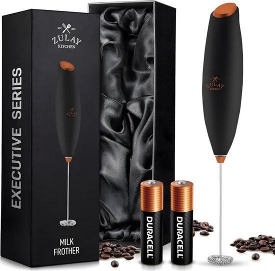Picture of Zulay Kitchen Milk Frother Wand (2 Duracell Batteries Included), Handheld Milk Frother - Easy-Clean Milk Frother & Drink Mixer - Electric Coffee Frother for Frappe, Matcha - Exec Black w Copper Button