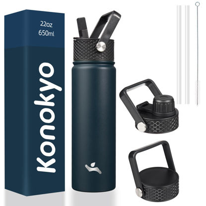 Picture of Konokyo 22oz Stainless Steel Bottles with 3 Lids Sport Insulated Water Bottle,Navy Blue