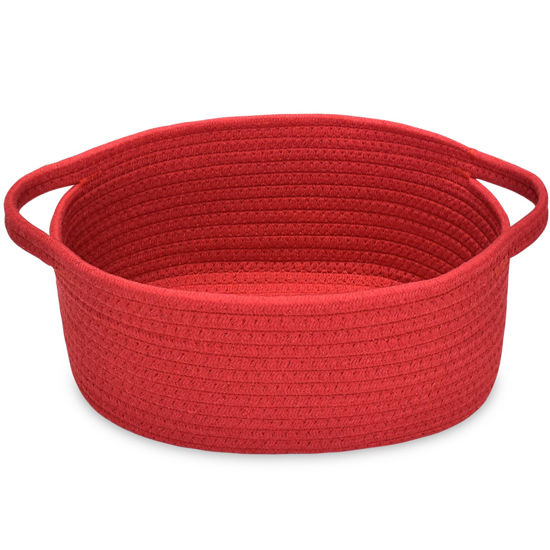 Picture of ABenkle Small Basket, 12"x 8" x 5" Cute Small Woven Basket, Rope Room Shelf Storage Basket, Cat Dog Toys Basket Chest Box, Decorative Empty Gift Basket with Handles - All Red
