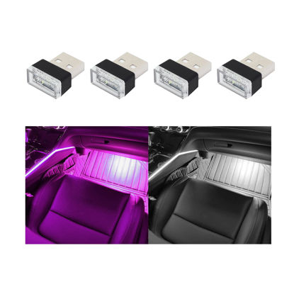 Picture of Augeny 4 PCS USB LED Car Interior Atmosphere Lamp, Plug-in USB Decor Night Light, Portable Auto Ambient Lighting Kit, Universal Vehicle Interior Accessories for Most Cars (White & Purple)