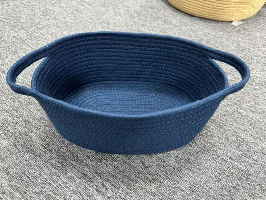 Picture of ABenkle Small Basket, 12"x 8" x 5" Cute Small Woven Basket, Rope Room Shelf Storage Basket, Cat Dog Toys Basket Chest Box, Decorative Empty Gift Basket with Handles - All Navy Blue
