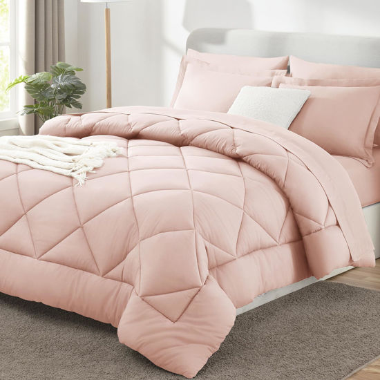 Picture of CozyLux Queen Comforter Set with Sheets 7 Pieces Bed in a Bag Blush Pink All Season Bedding Sets with Comforter, Pillow Shams, Flat Sheet, Fitted Sheet and Pillowcases