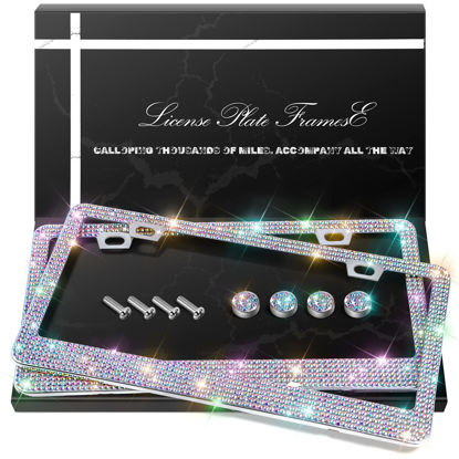 Picture of QUANQIUFEI 2 Pack Bling License Plate Frames, Sparkly Rhinestone Diamond Car License Plate Cover for Women, Stainless Steel Car Accessories with Glitter Crystal Caps (Colorful)