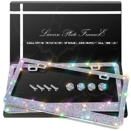 Picture of QUANQIUFEI 2 Pack Bling License Plate Frames, Sparkly Rhinestone Diamond Car License Plate Cover for Women, Stainless Steel Car Accessories with Glitter Crystal Caps (Colorful)