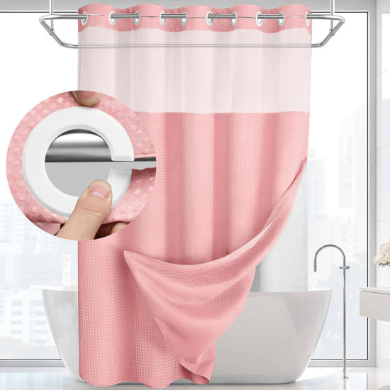 Picture of YellyHommy No Hook Shower Curtain with Snap in Liner Set Less Time Pink Waffle Shower Curtain for Bathroom 75" L x 72" W Pink