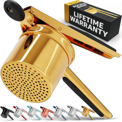 Picture of PriorityChef Large 15oz Potato Ricer, Heavy Duty Stainless Steel Potato Masher and Ricer Kitchen Tool, Press and Mash Kitchen Gadget For Perfect Mashed Potatoes - Everytime, Gold and Black