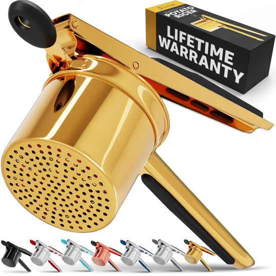 Picture of PriorityChef Large 15oz Potato Ricer, Heavy Duty Stainless Steel Potato Masher and Ricer Kitchen Tool, Press and Mash Kitchen Gadget For Perfect Mashed Potatoes - Everytime, Gold and Black