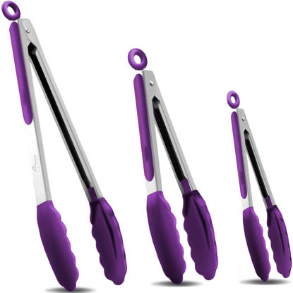Picture of HOTEC Premium Stainless Steel Locking Kitchen Tongs with Silicon Tips, Set of 3-7", 9" and 12" (Purple)