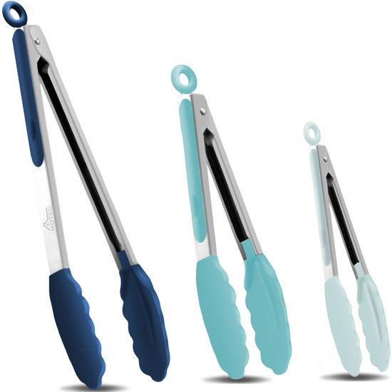 Picture of HOTEC Premium Stainless Steel Locking Kitchen Tongs with Silicon Tips, Set of 3-7", 9" and 12" (Gradient Blue)