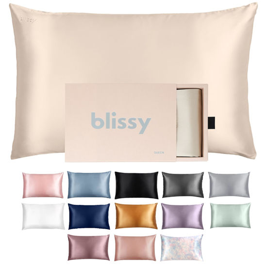 Picture of Blissy Silk Pillowcase - 100% Pure Mulberry Silk - 22 Momme 6A High-Grade Fibers - Silk Pillow Cover for Hair & Skin - Regular, Queen & King with Hidden Zipper (King, Champagne)