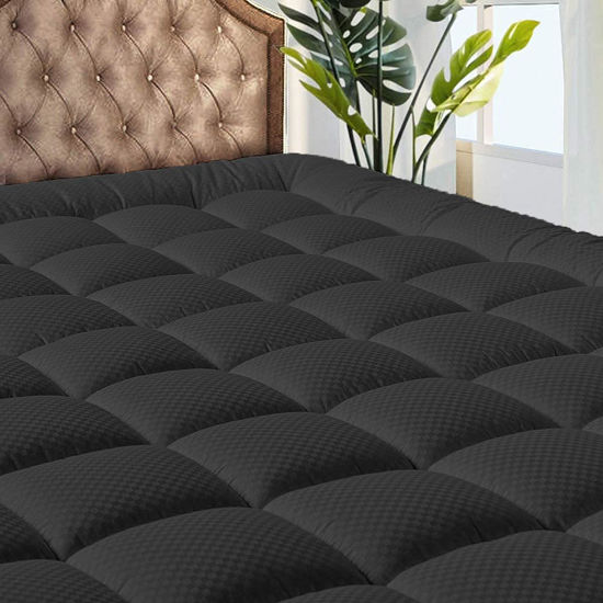 Picture of MATBEBY Bedding Quilted Fitted King Mattress Pad Cooling Breathable Fluffy Soft Mattress Pad Stretches up to 21 Inch Deep, King Size, Black, Mattress Topper Mattress Protector
